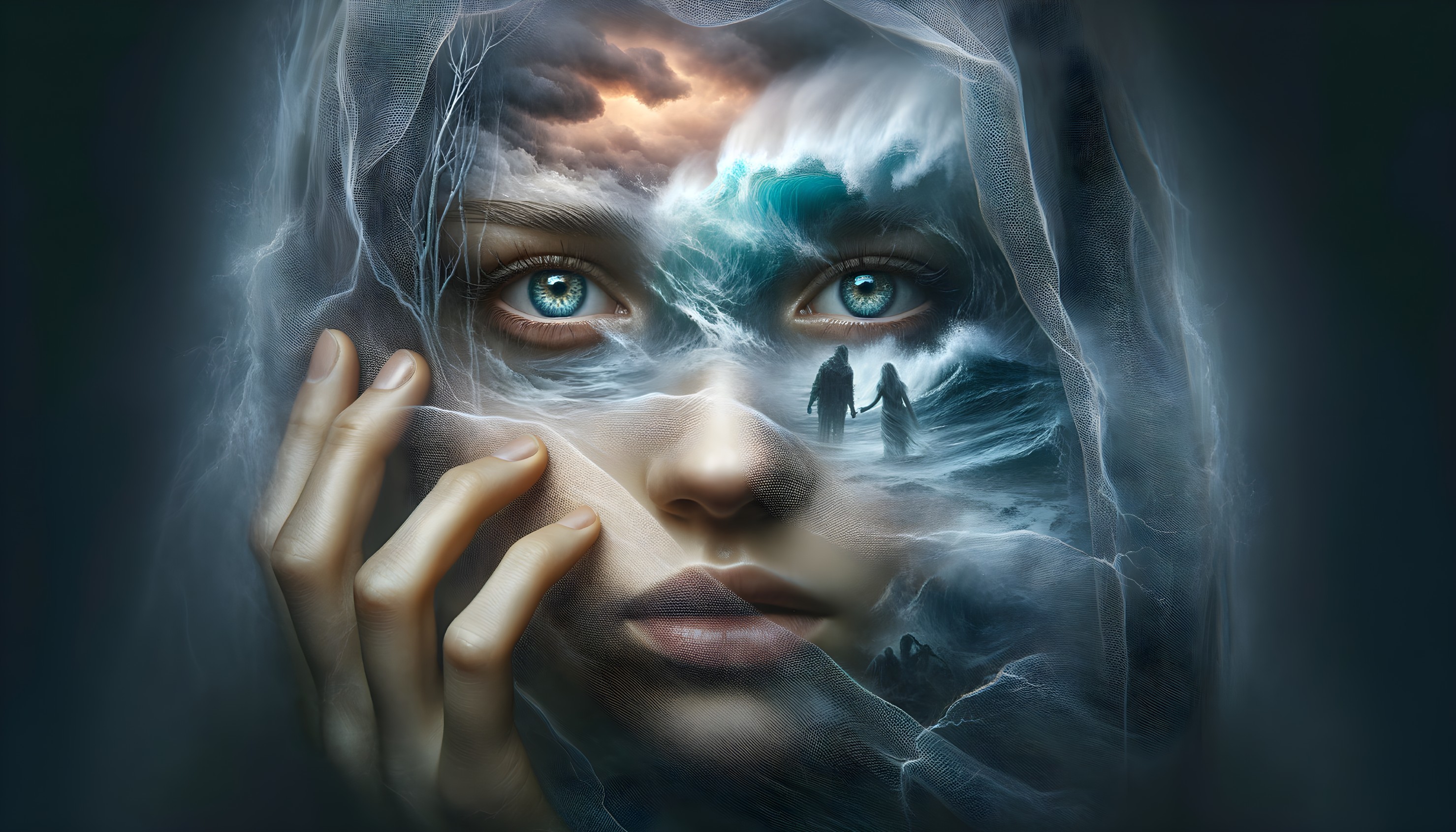 Surreal Portrait with Stormy Sky and Reflected Figures