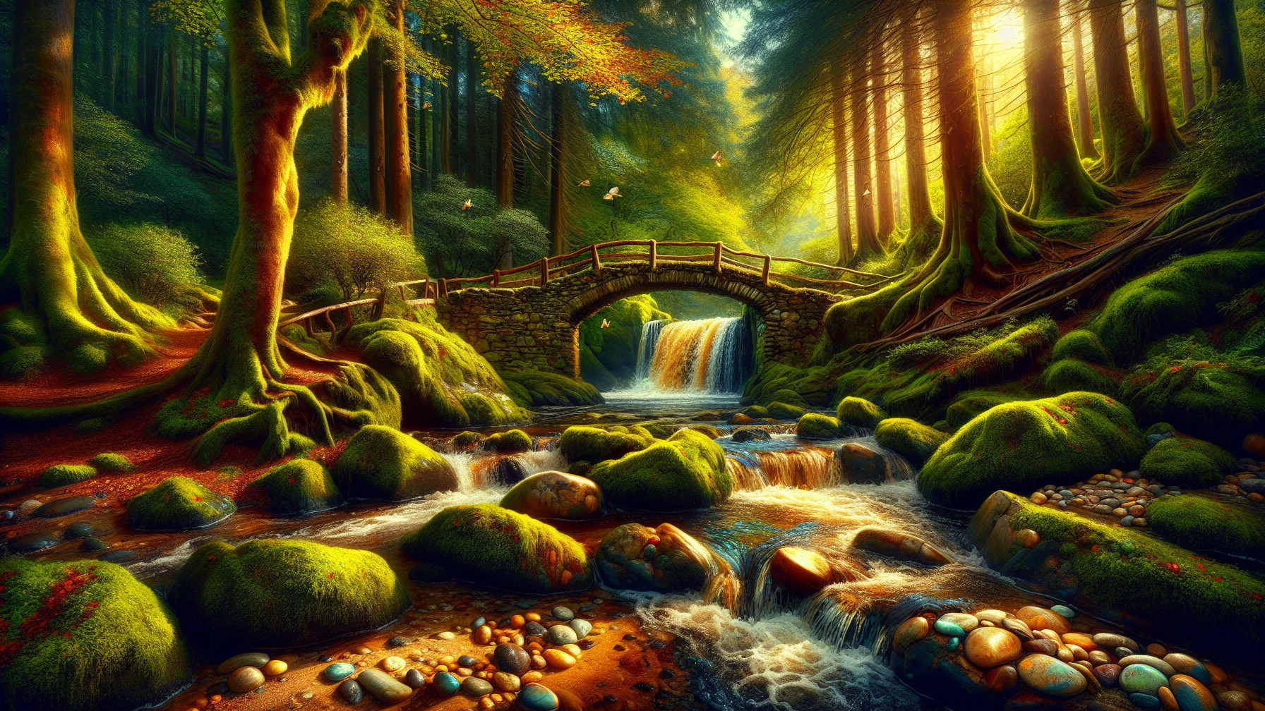 Serene forest scene with moss-covered bridge and brook