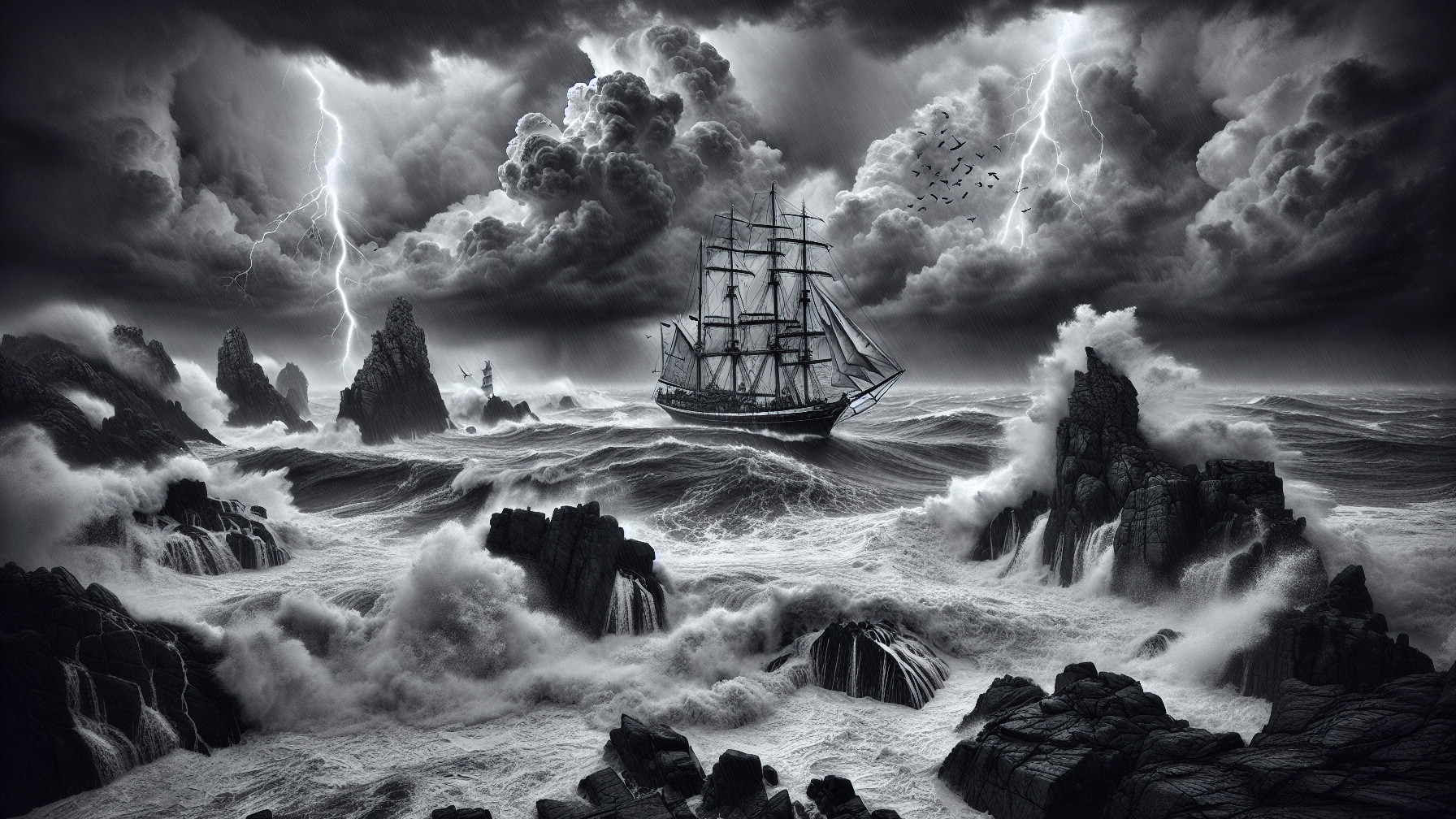 Dramatic Black and White Stormy Sea with Ship and Waves
