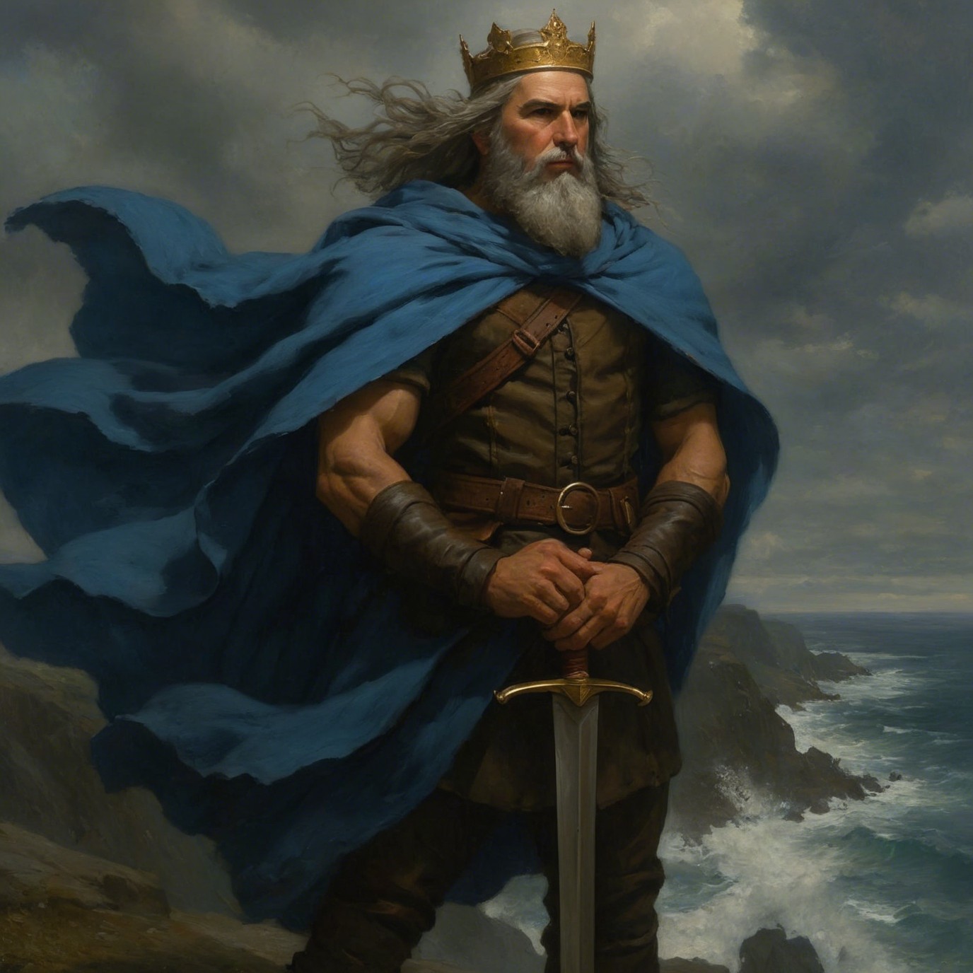 Powerful figure on cliff overlooking turbulent seas