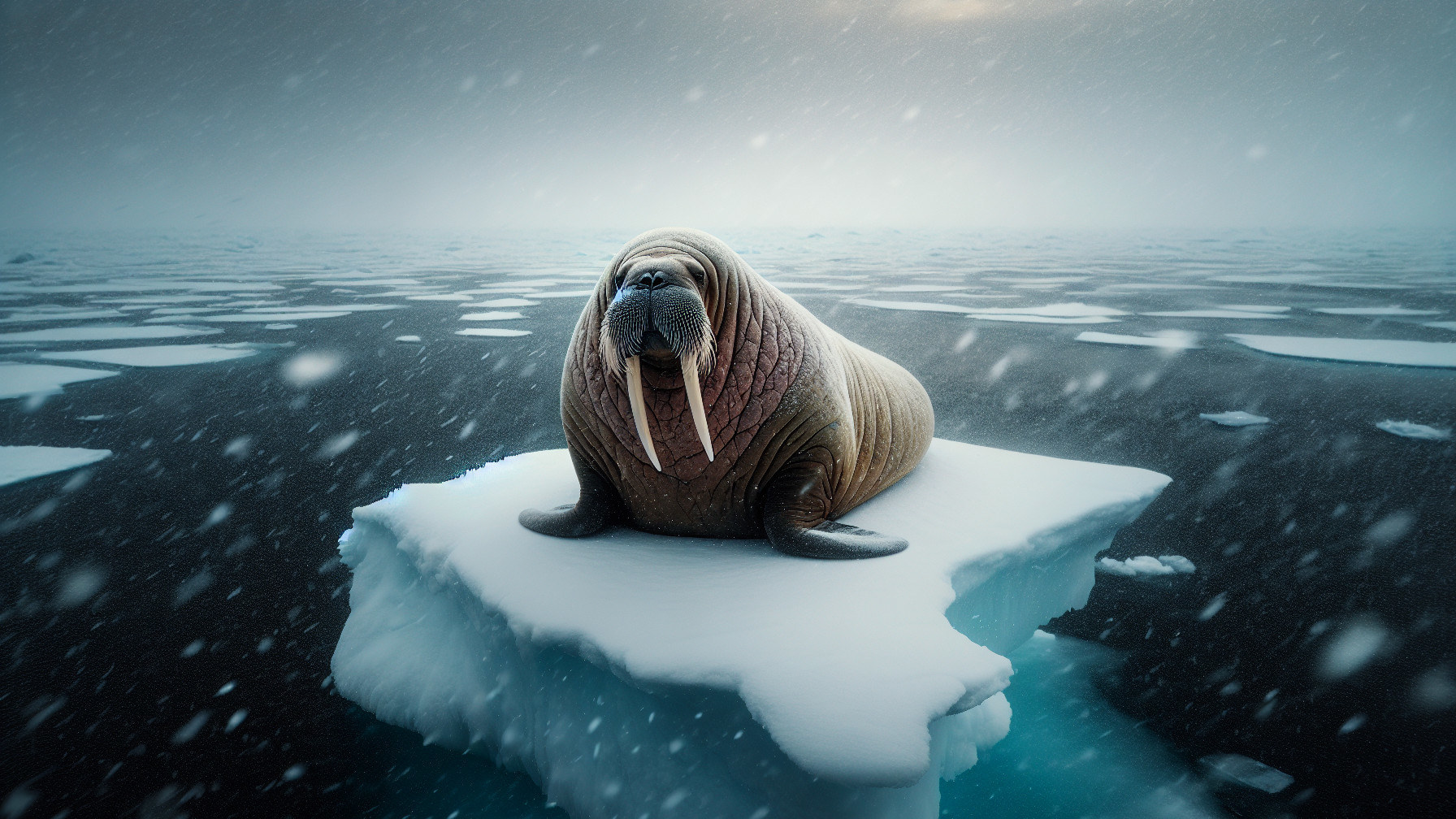 Solitary walrus on iceberg in snowy ocean scene