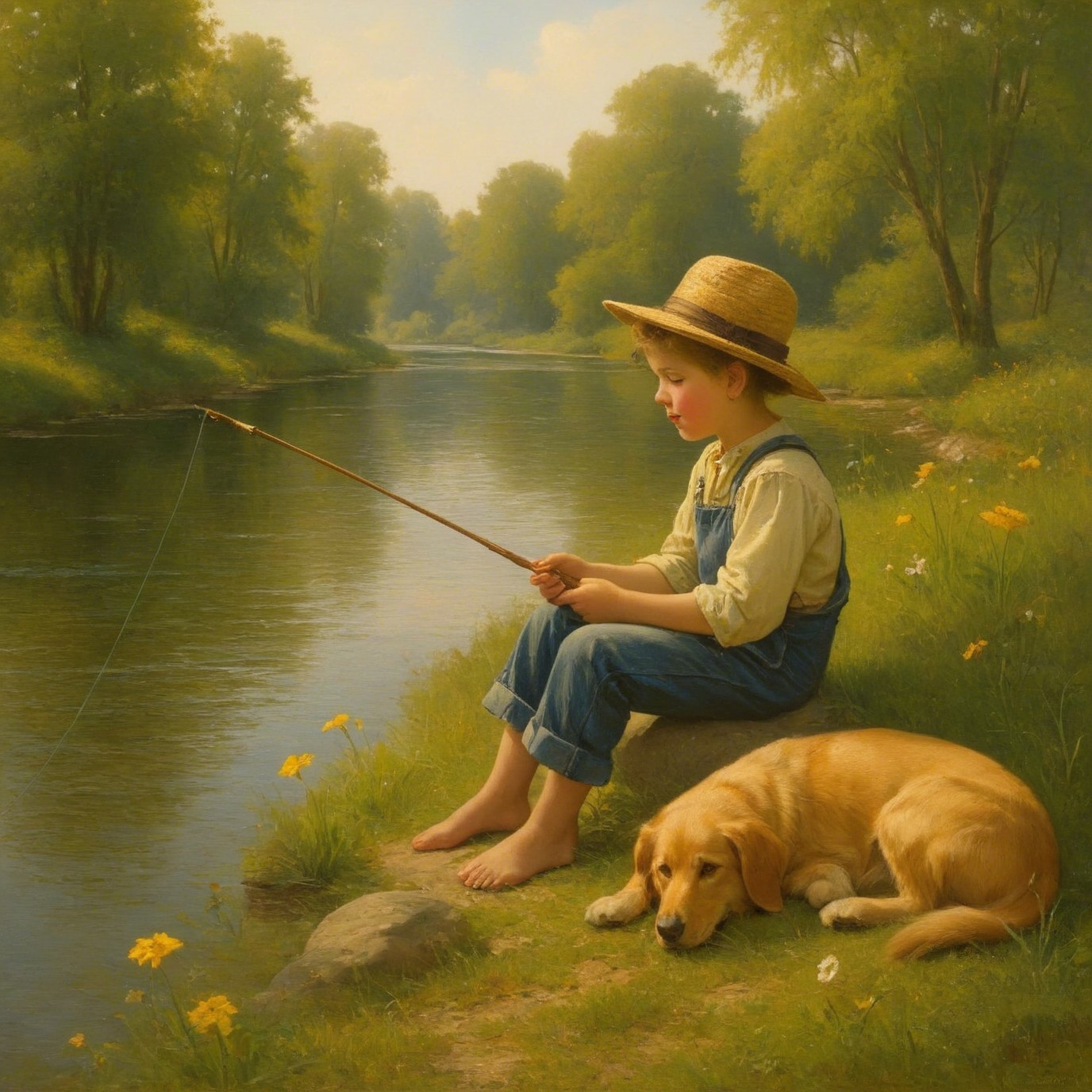 Child Fishing by a Tranquil River with Dog Nearby