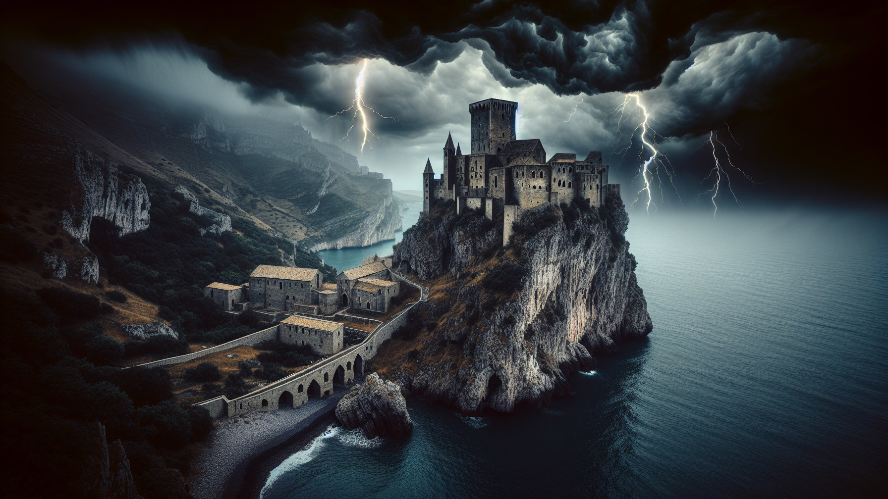 Majestic castle on a cliff with stormy backdrop