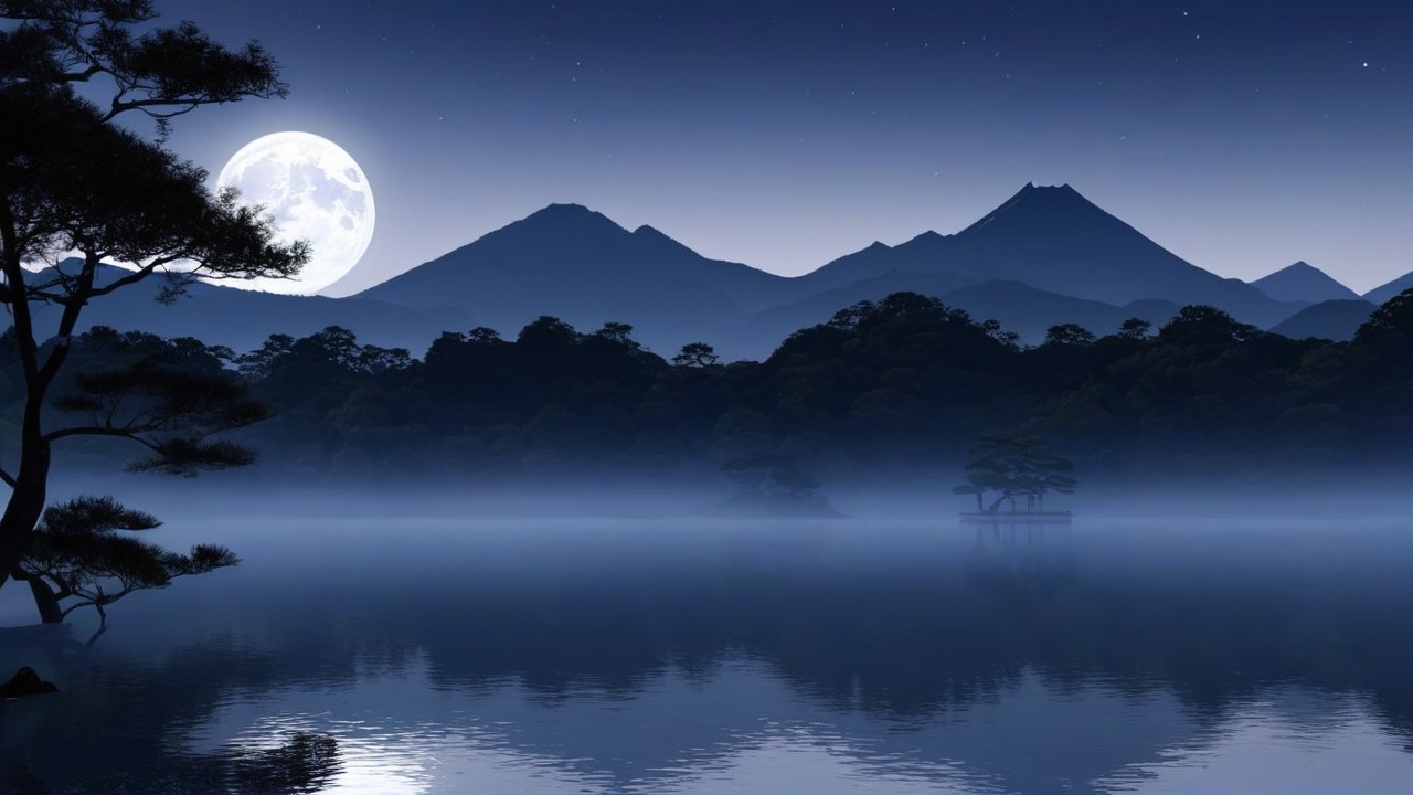 Serene Nighttime Landscape with Full Moon and Lake
