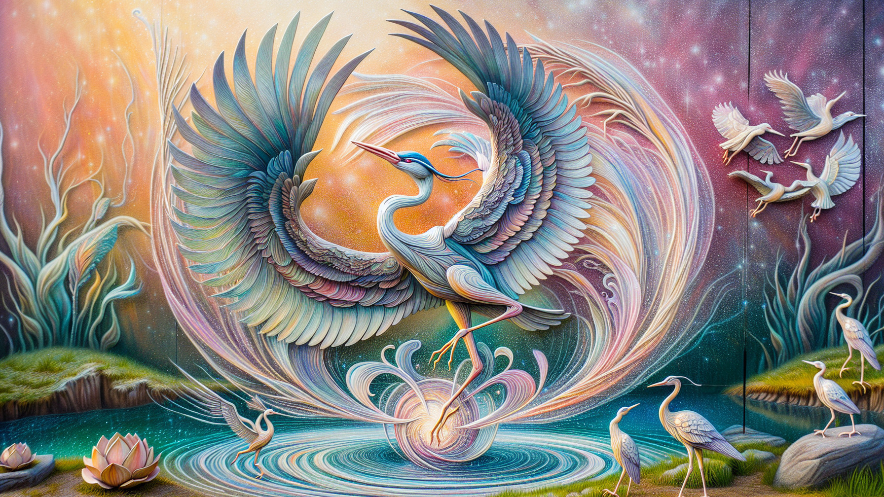 Surreal Mural of Heron in Colorful Aquatic Scene