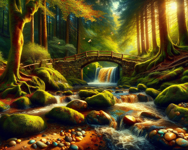 Serene forest scene with moss-covered bridge and brook