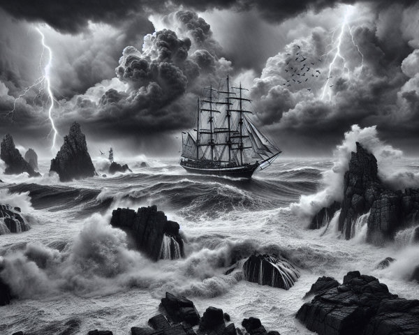 Dramatic Black and White Stormy Sea with Ship and Waves