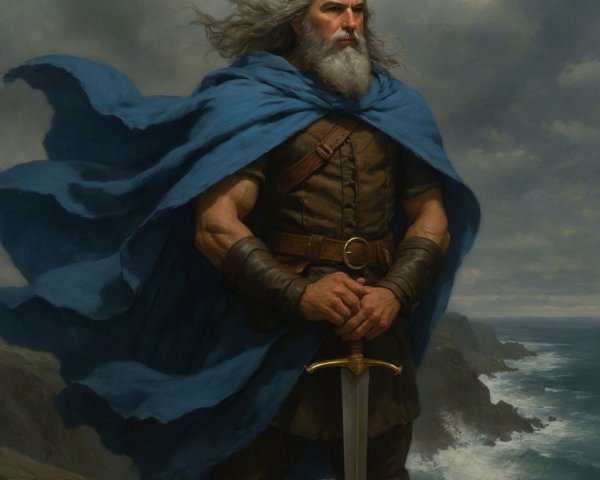 Powerful figure on cliff overlooking turbulent seas