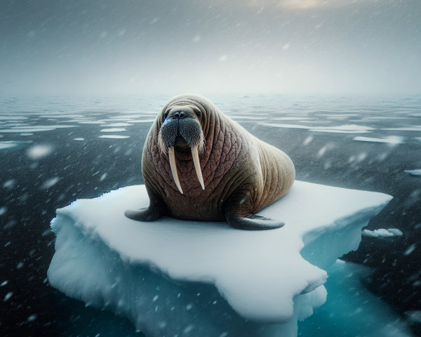 Solitary walrus on iceberg in snowy ocean scene