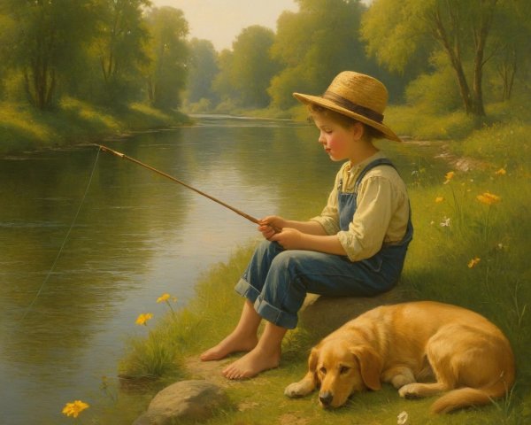 Child Fishing by a Tranquil River with Dog Nearby