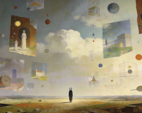 Surreal Landscape with Masked Figure and Floating Images
