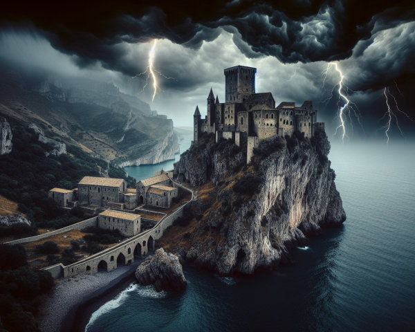 Majestic castle on a cliff with stormy backdrop