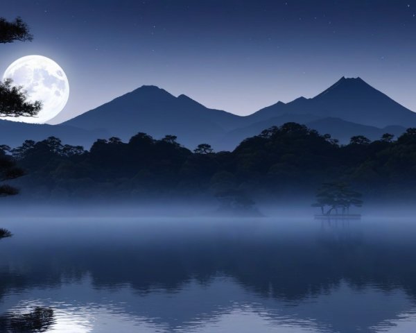 Serene Nighttime Landscape with Full Moon and Lake