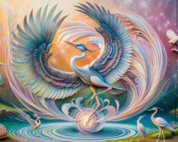 Surreal Mural of Heron in Colorful Aquatic Scene