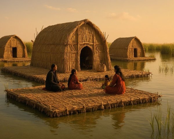 Sunset Landscape with Straw Huts and Family Gathering