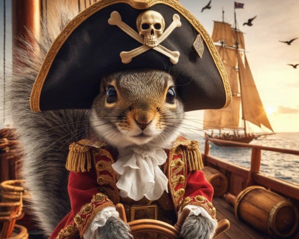 Squirrel Pirate Steering Ship at Sunset Scene