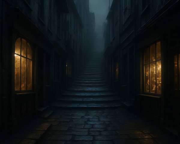 Moody Cobblestone Alleyway in Misty European City