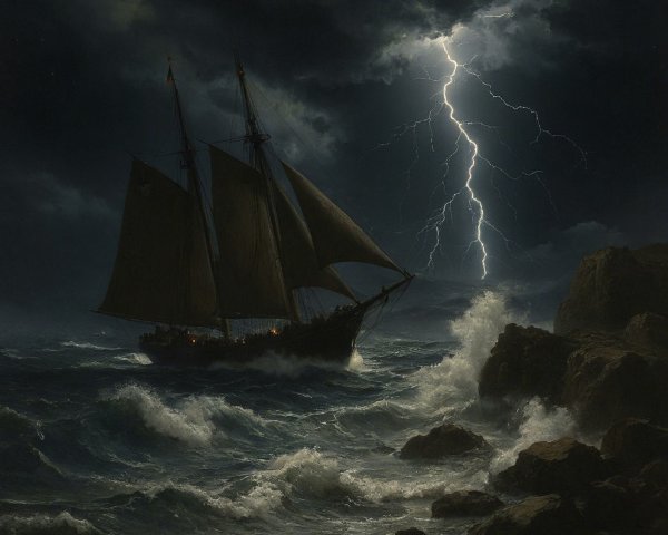 Tall Ship Navigating Stormy Seas Under Dark Sky