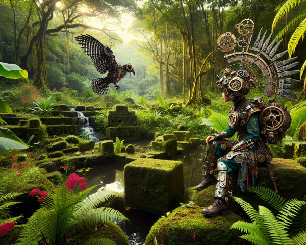 Mechanical Armor in a Vibrant Jungle Setting