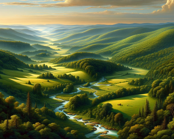 Lush Green Hills and Serene River Landscape at Sunset