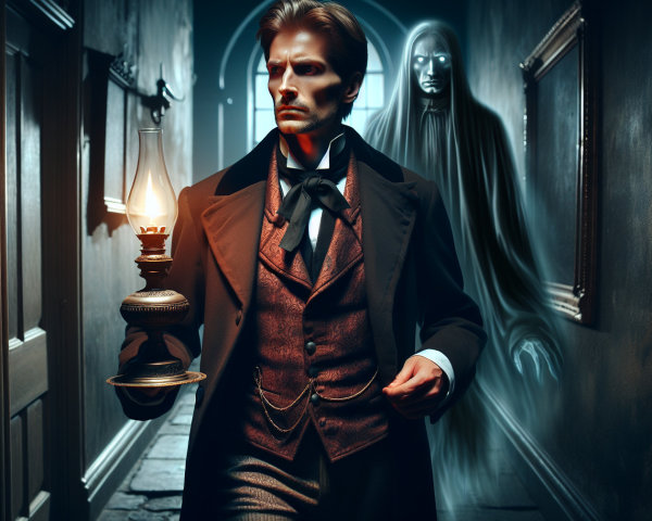 19th-Century Man with Oil Lamp and Ghostly Figure