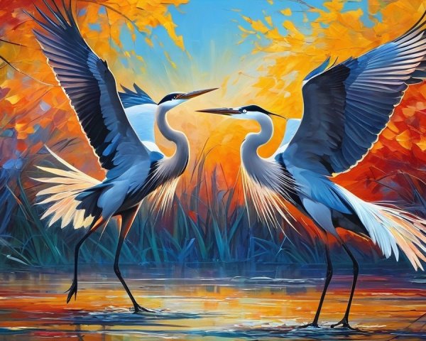 Elegant herons in serene waterway with autumn colors