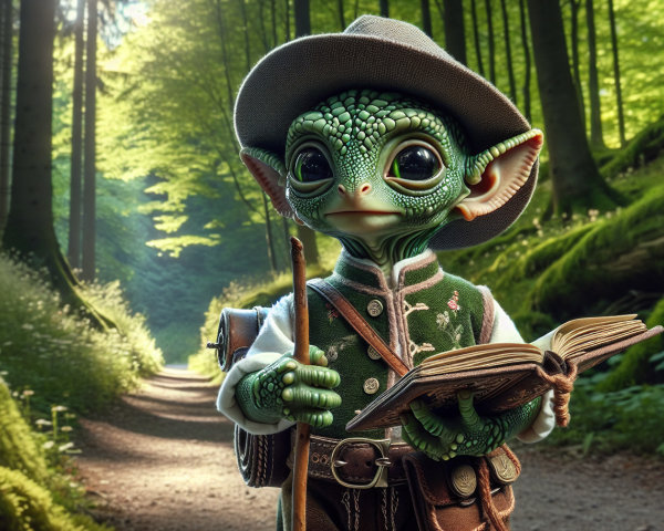 Whimsical Creature in Forest with Book and Attire