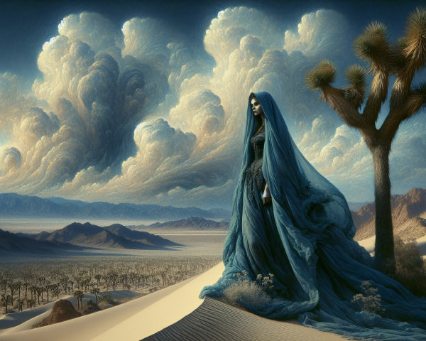 Mysterious Figure in Blue Gown in Desert Landscape