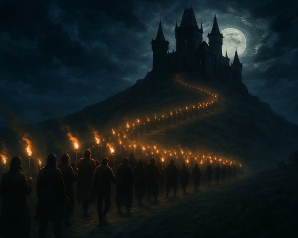 Torch-Bearing Crowd Ascending Hill to Spired Castle