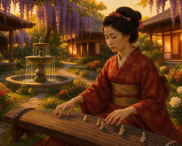 Asian woman playing koto in a vibrant garden setting