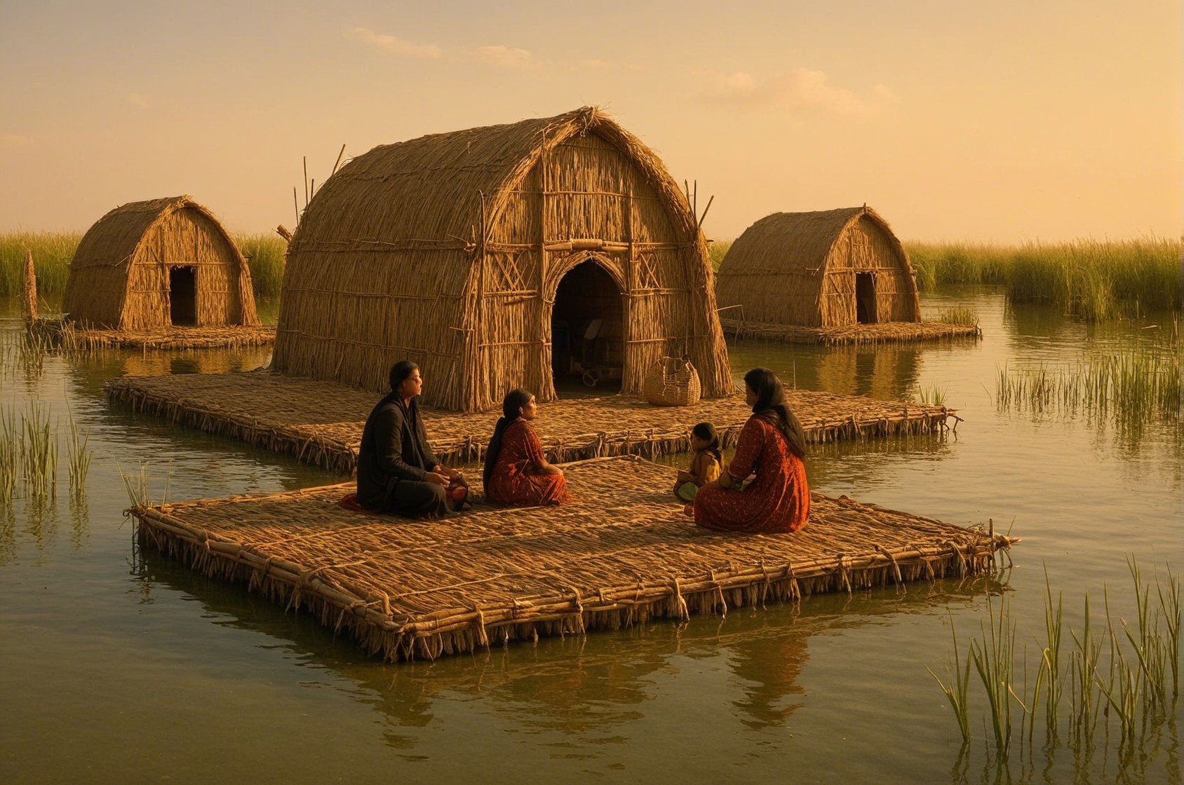 Sunset Landscape with Straw Huts and Family Gathering
