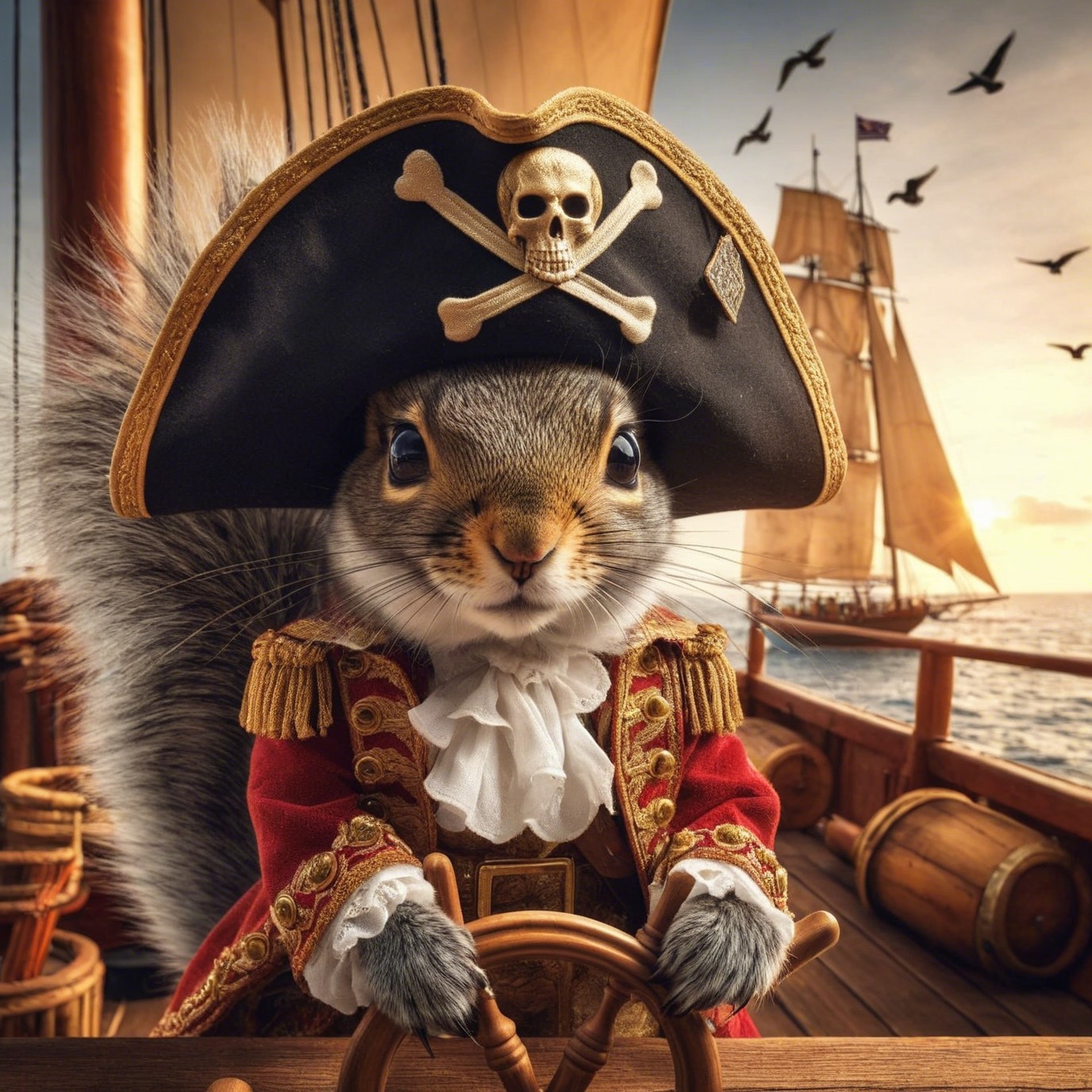 Squirrel Pirate Steering Ship at Sunset Scene