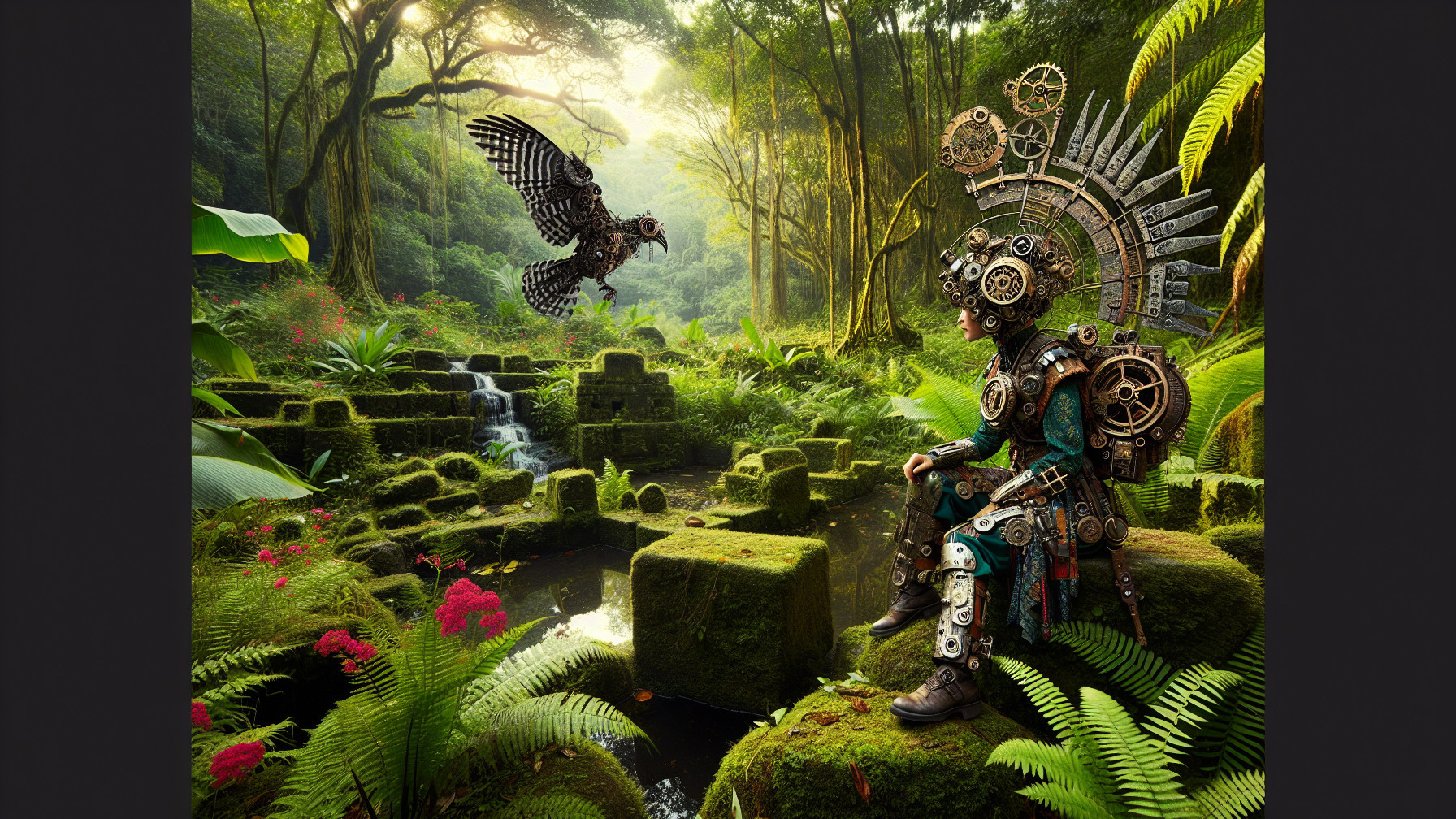 Mechanical Armor in a Vibrant Jungle Setting