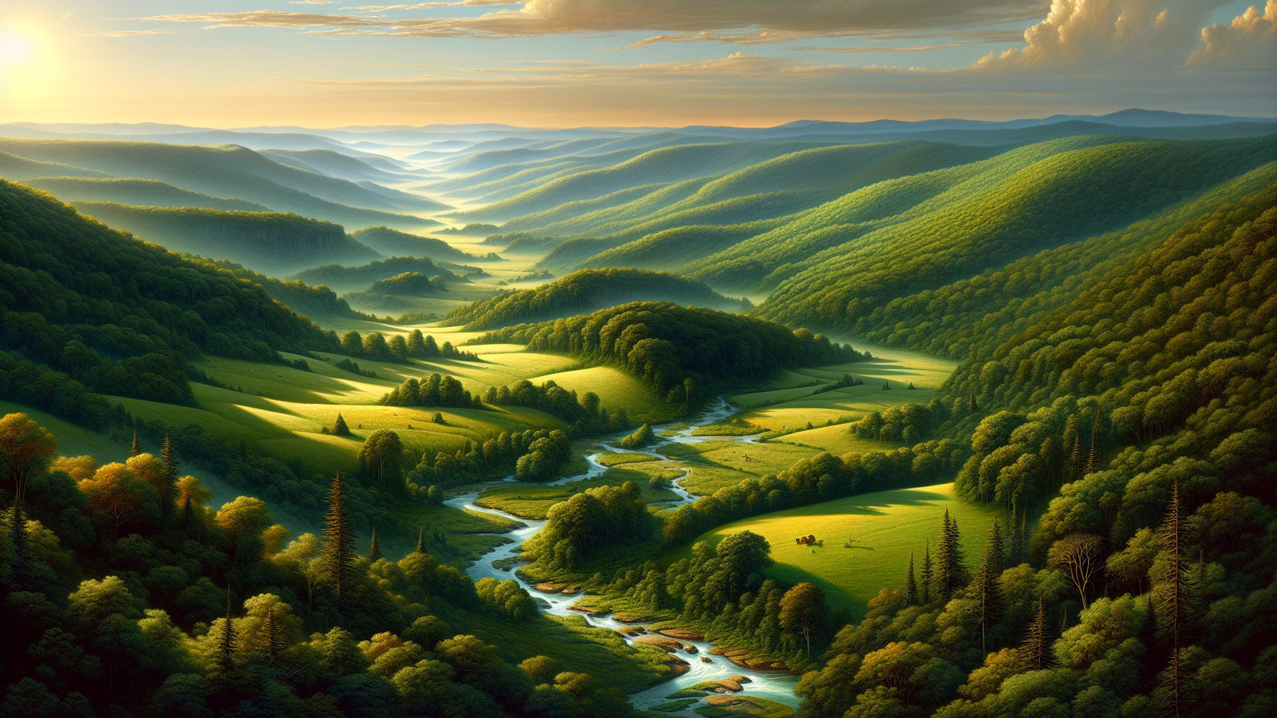 Lush Green Hills and Serene River Landscape at Sunset