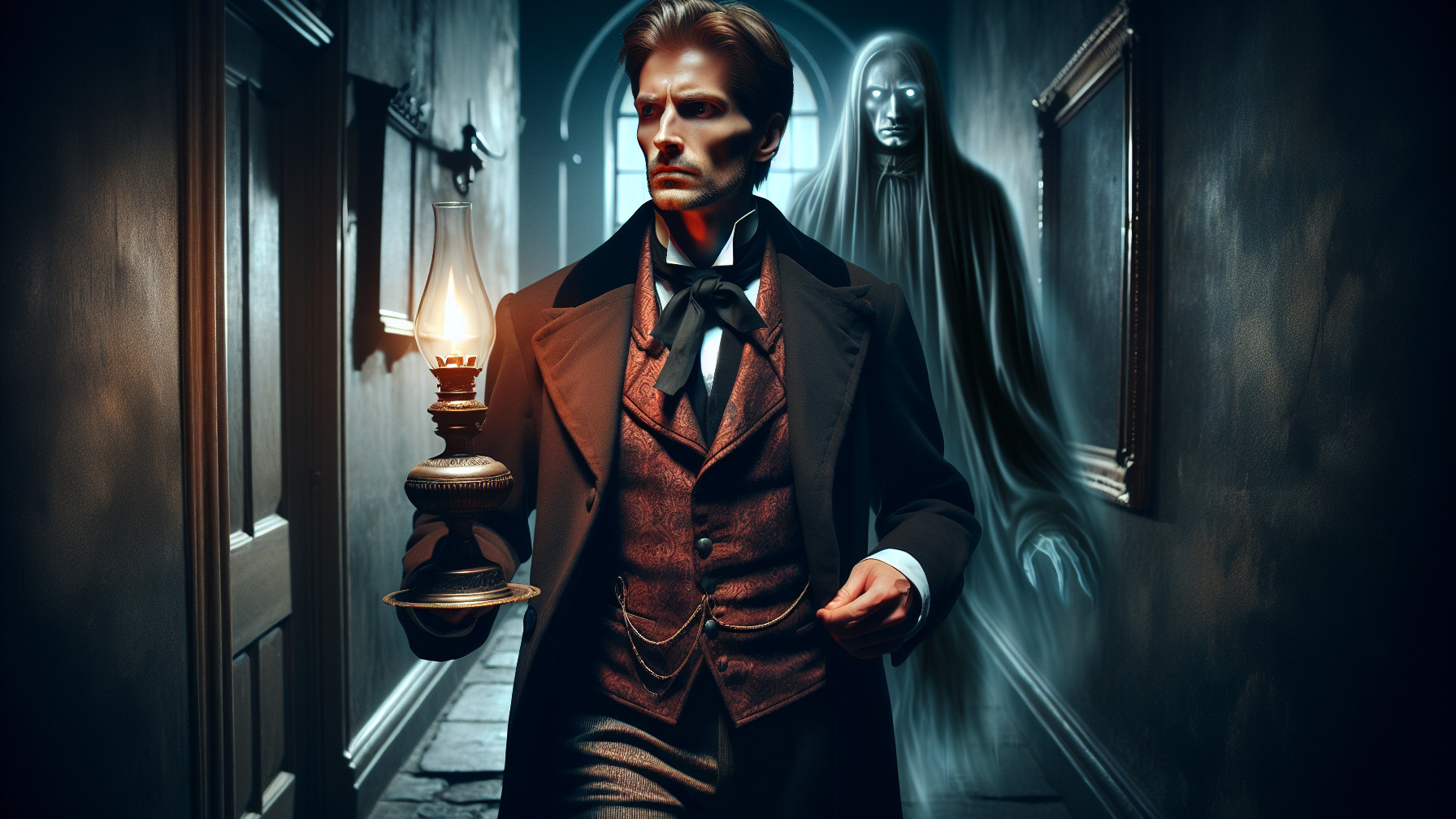 19th-Century Man with Oil Lamp and Ghostly Figure