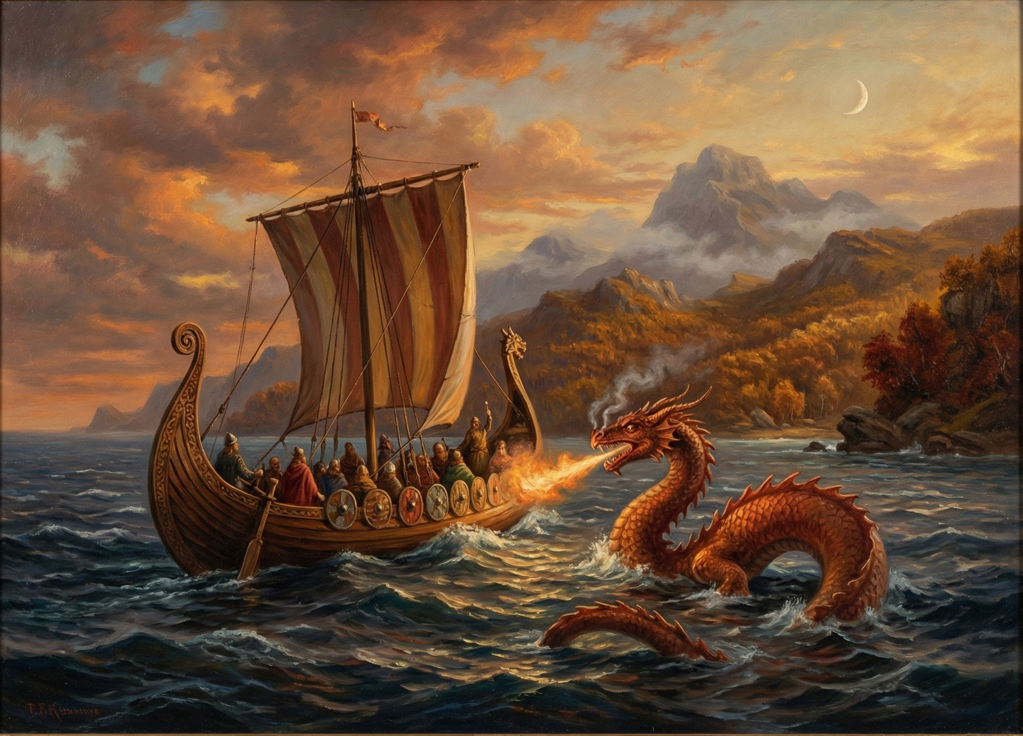 Viking Longship Confronts Dragon in Dramatic Painting