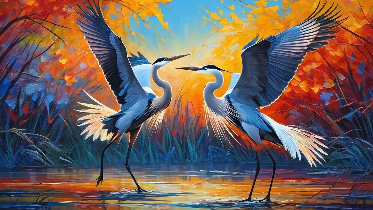 Elegant herons in serene waterway with autumn colors