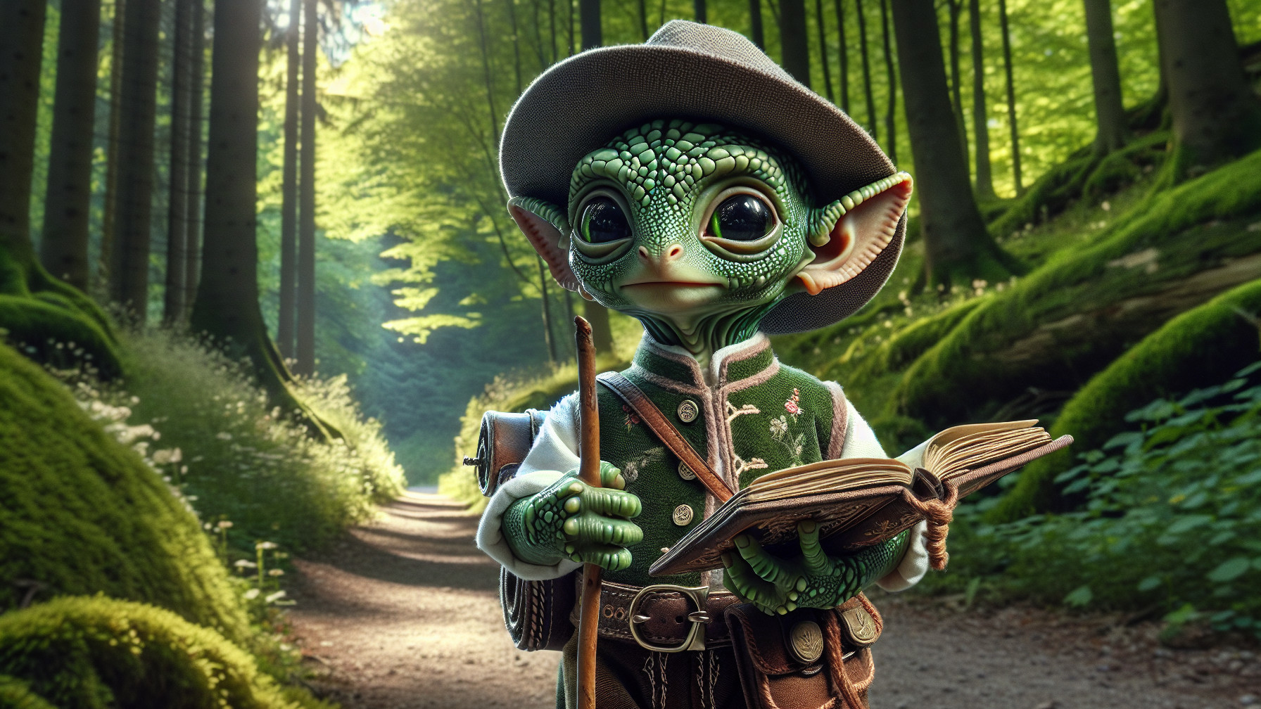 Whimsical Creature in Forest with Book and Attire