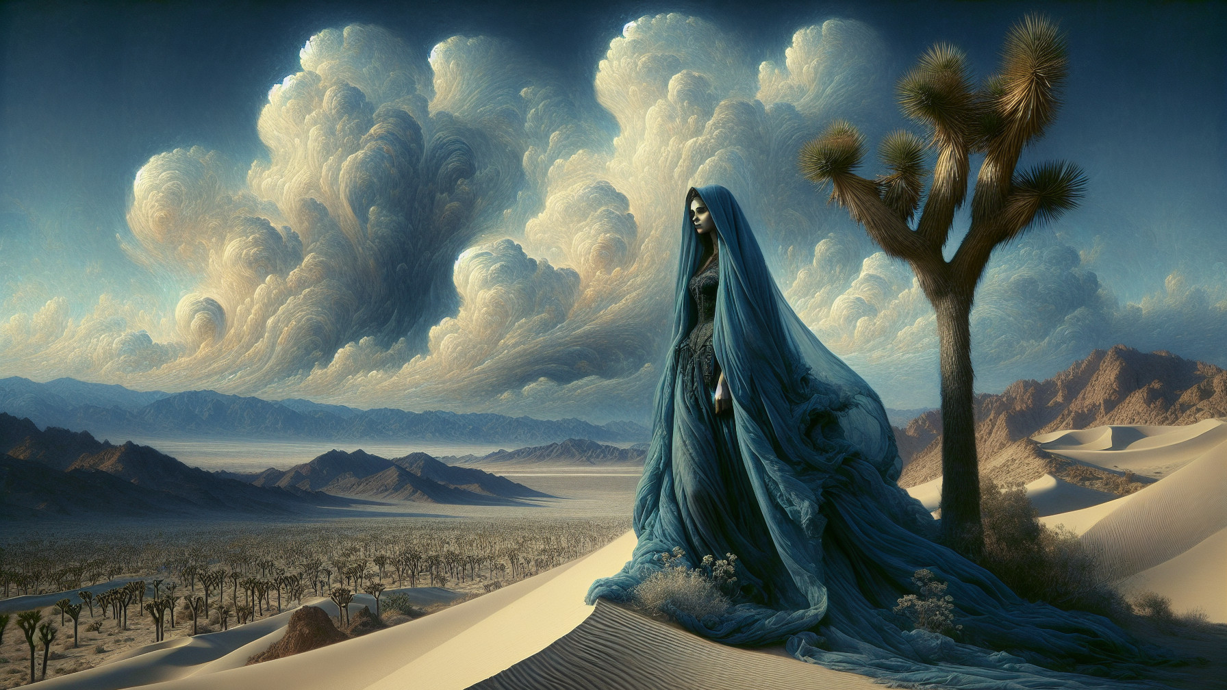 Mysterious Figure in Blue Gown in Desert Landscape