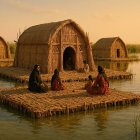 Sunset Landscape with Straw Huts and Family Gathering