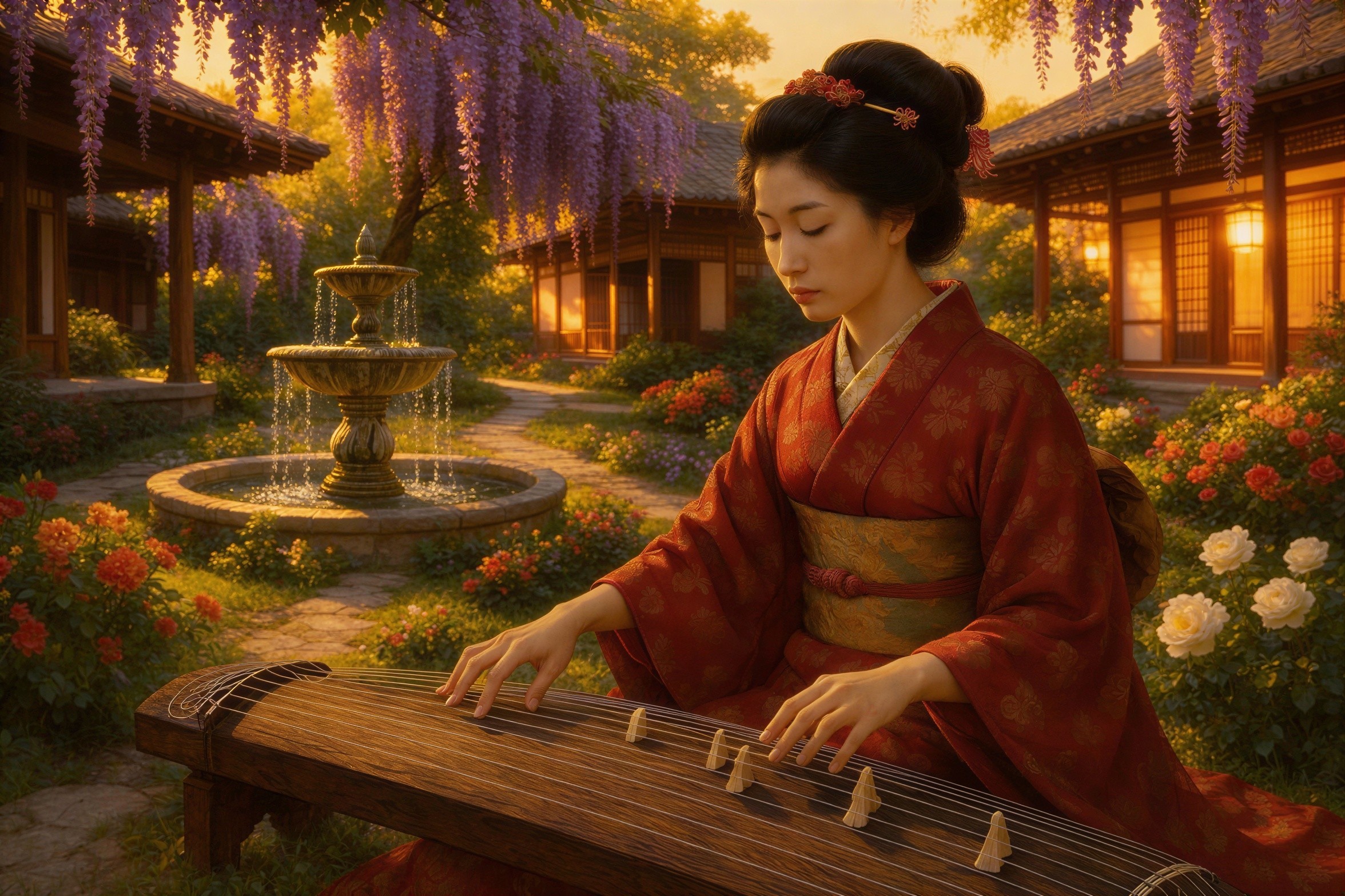 Asian woman playing koto in a vibrant garden setting
