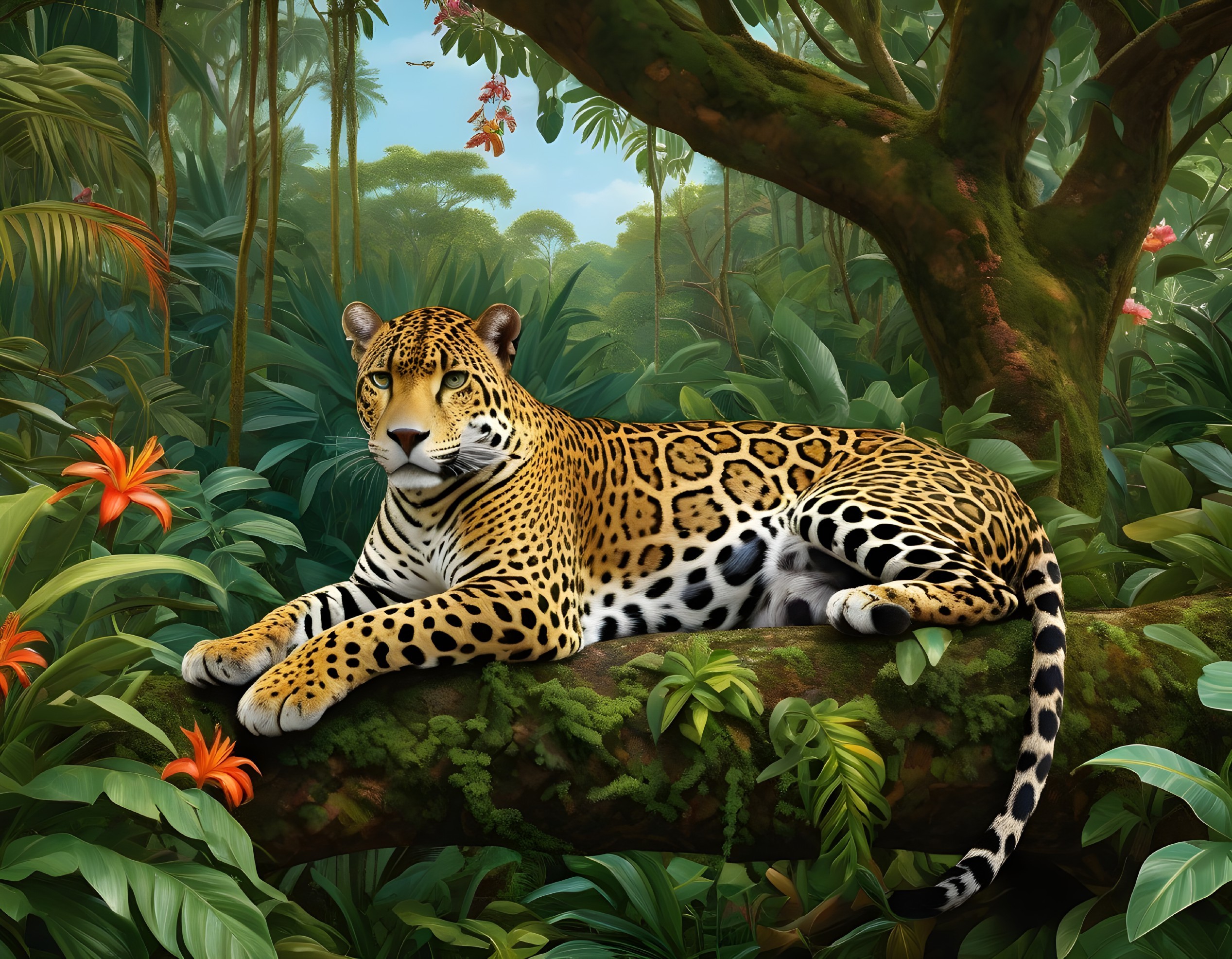Leopard Resting in Tropical Rainforest Setting