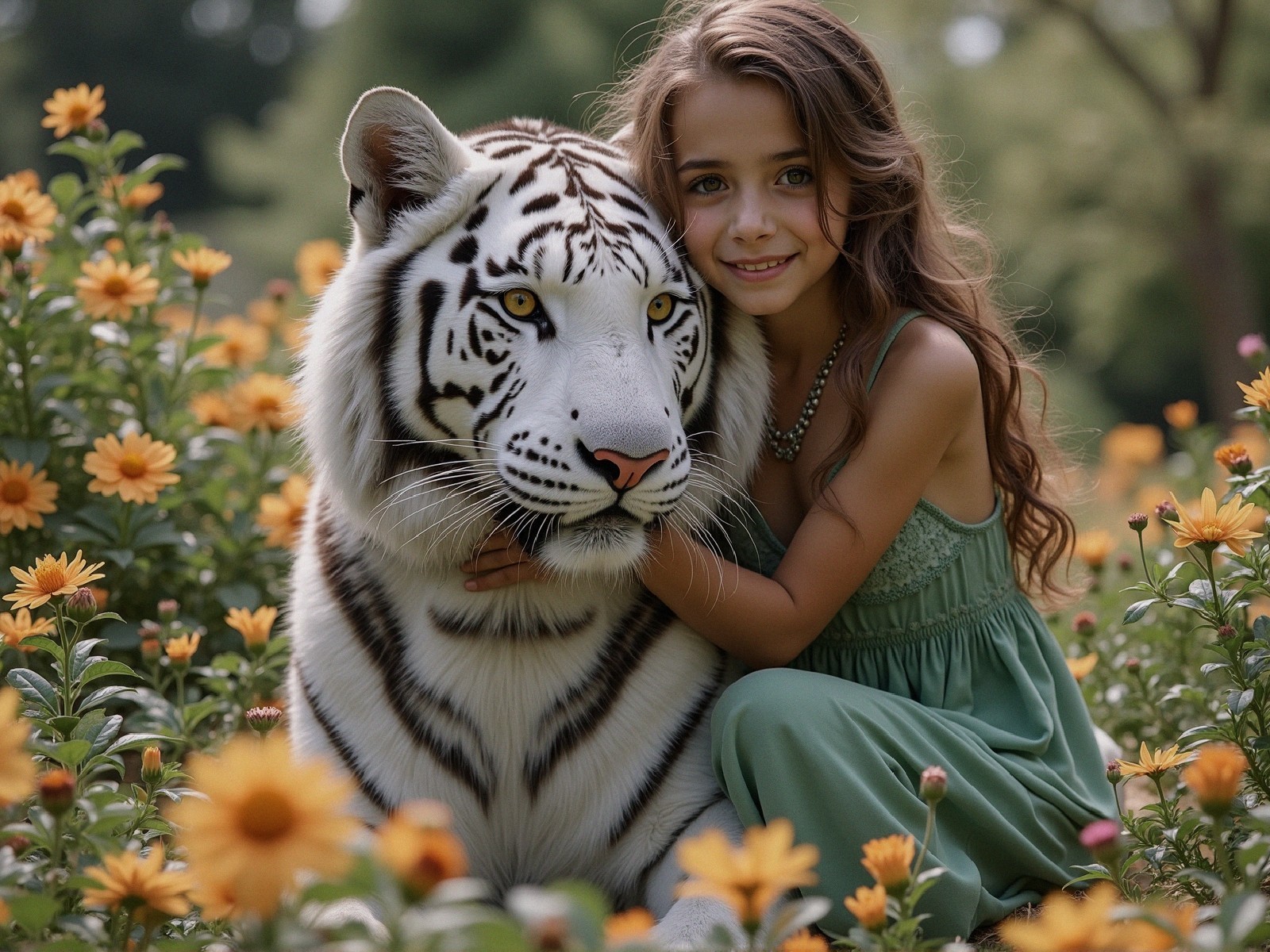 Young girl in green dress with white tiger in flowers