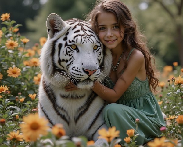 Young girl in green dress with white tiger in flowers