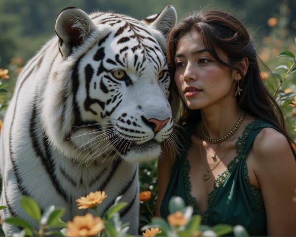 Young Woman and White Tiger in Orange Flower Field