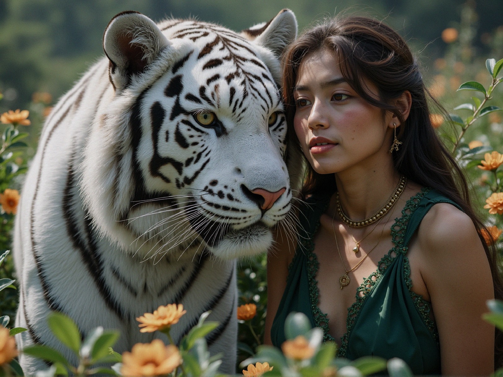 Young Woman and White Tiger in Orange Flower Field