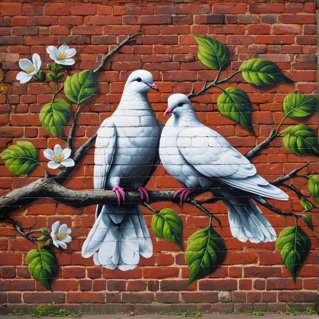 Vibrant Mural of Doves on Rustic Brick Background