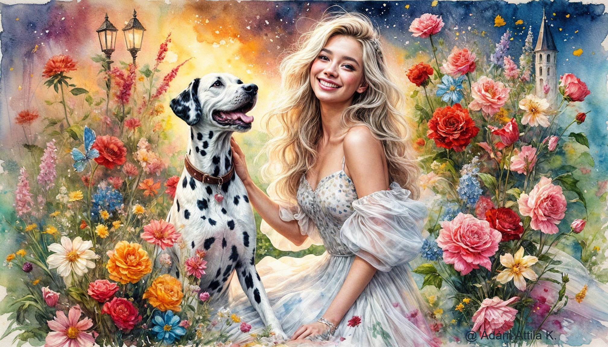Young woman and Dalmatian in a colorful garden