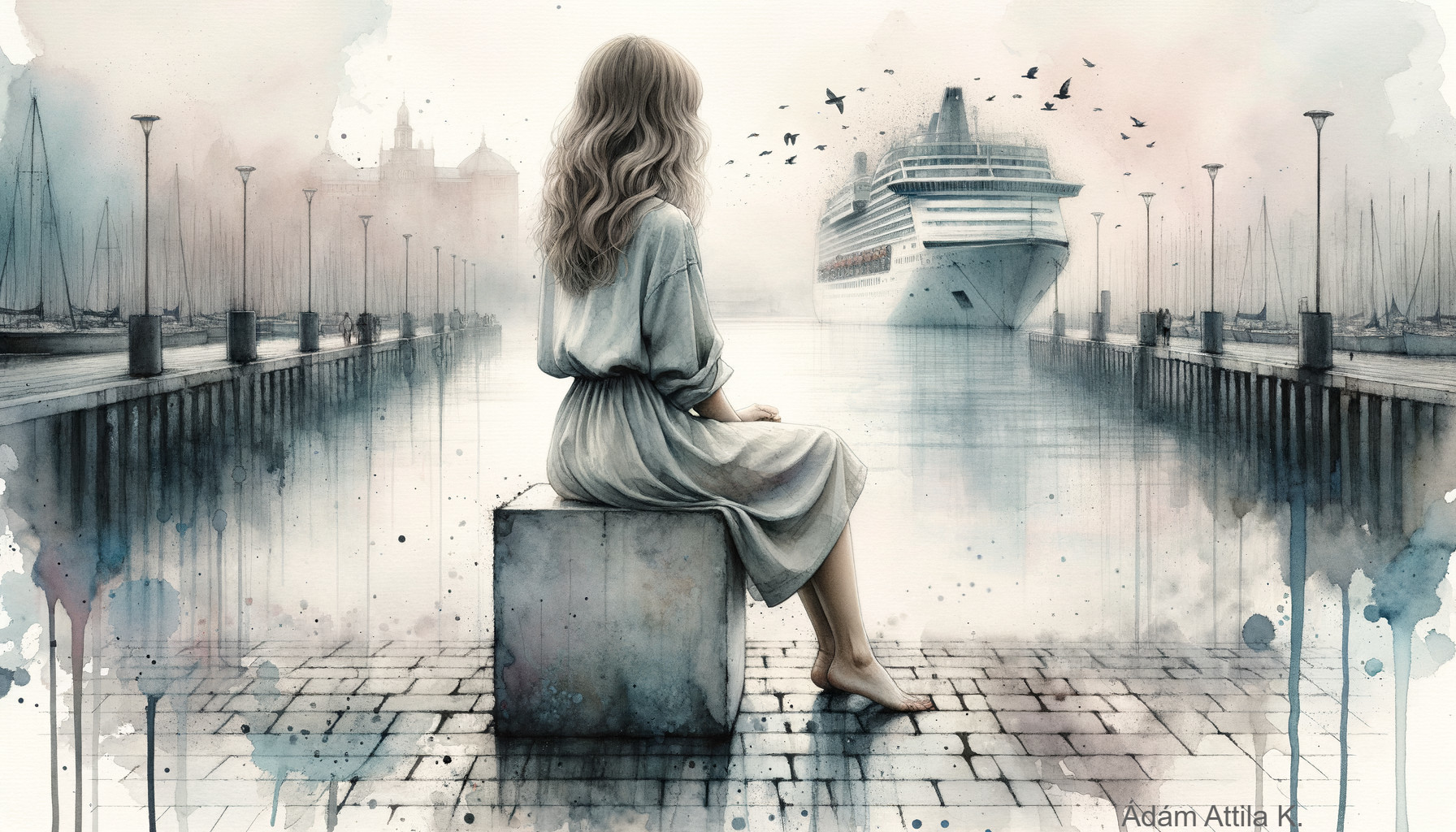 Young Woman at Misty Harbor with Cruise Ship View