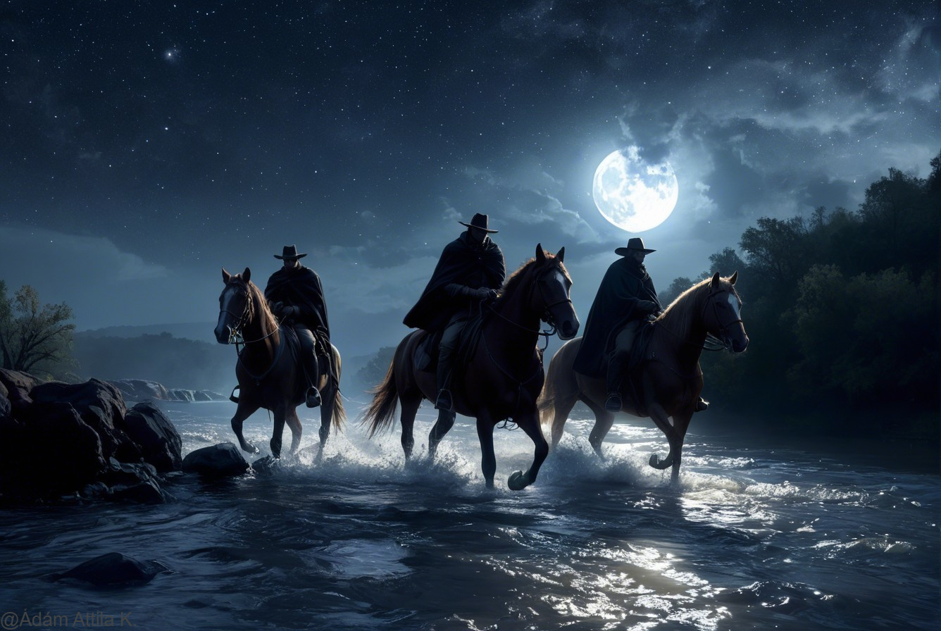 Silhouetted Horsemen on Moonlit River at Night